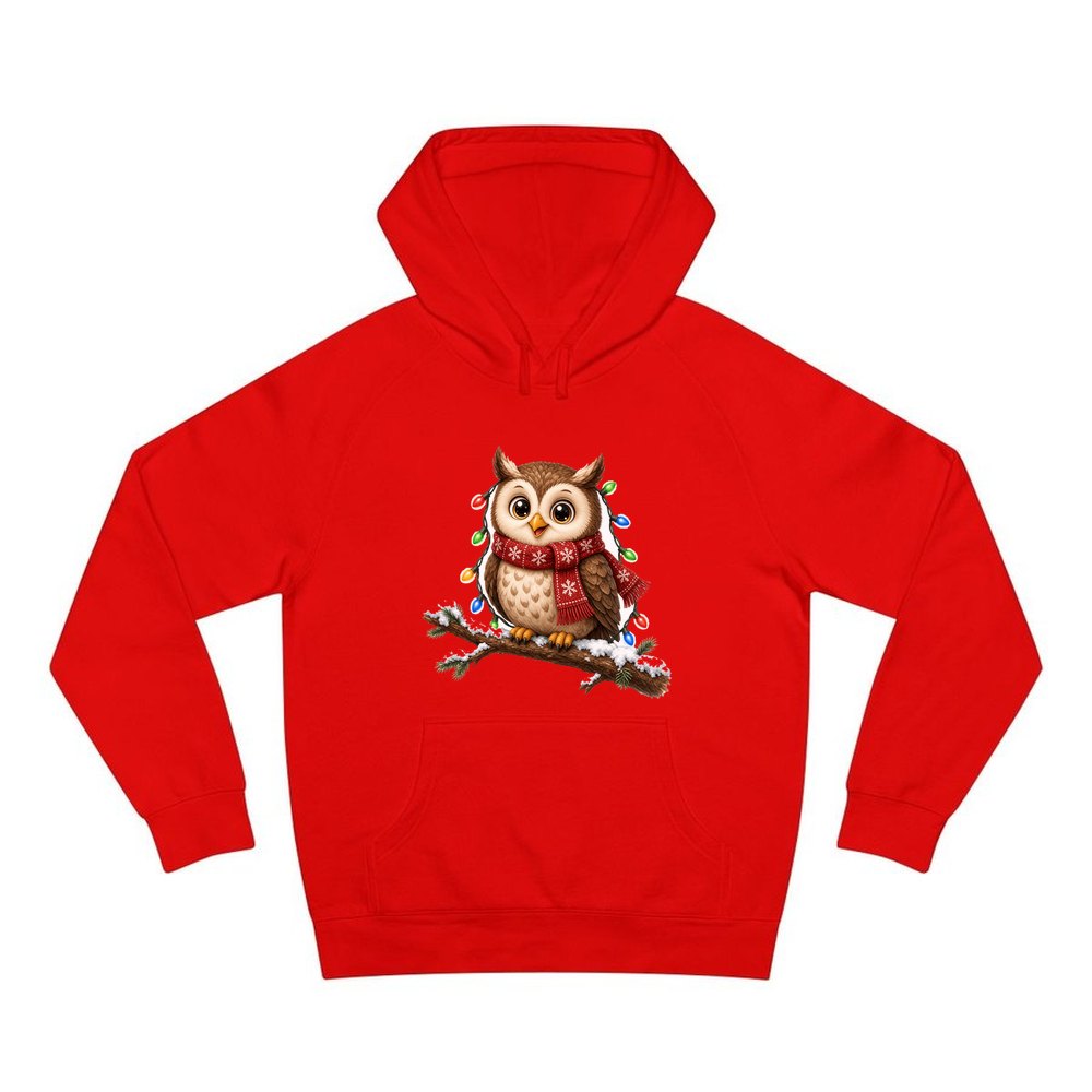 Christmas Fairy Light Owl personalised Christmas hoodie in red
