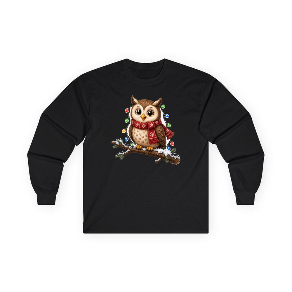 Christmas Fairy Light Owl personalised long sleeve Christmas T-shirt in black