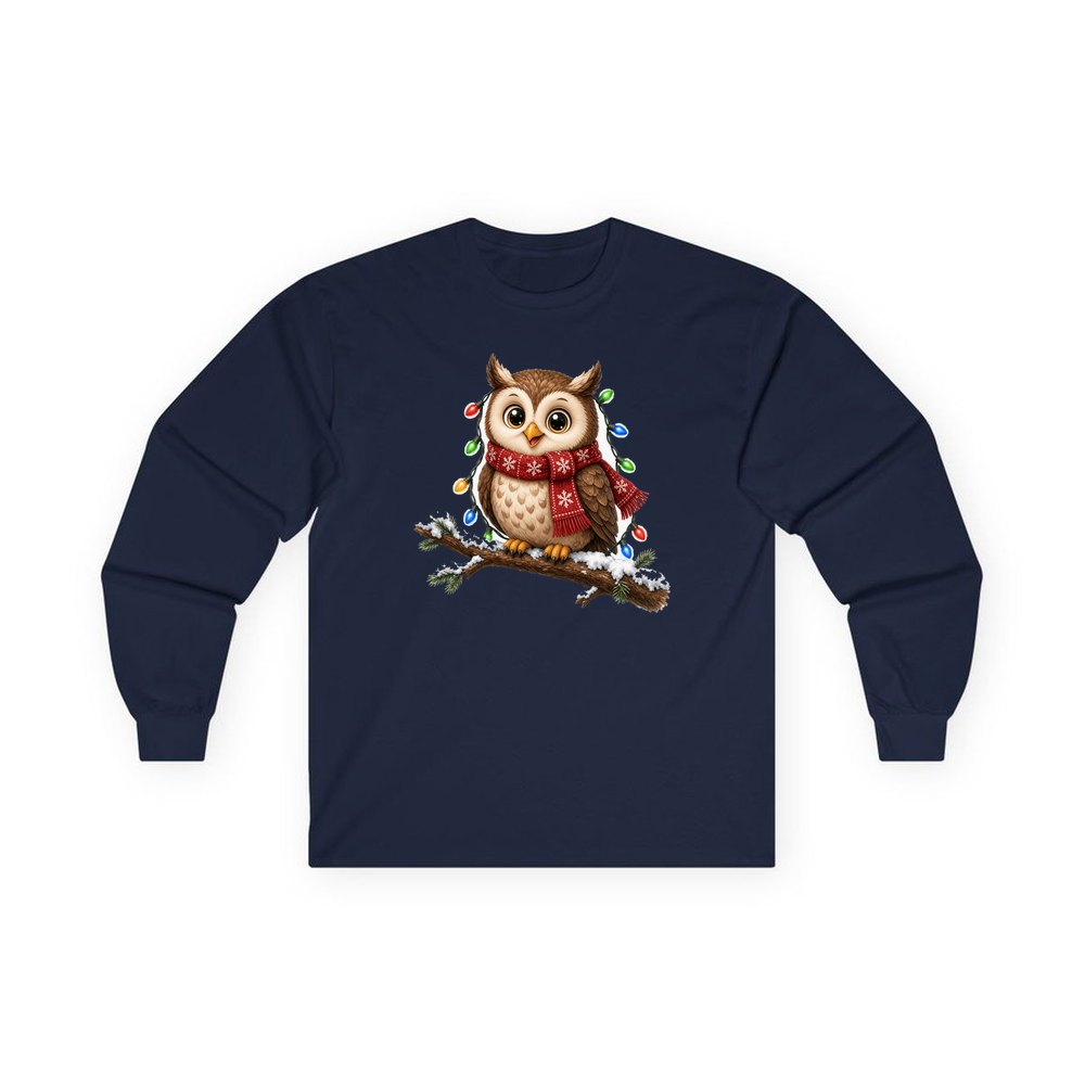 Christmas Fairy Light Owl personalised long sleeve Christmas T-shirt in navy