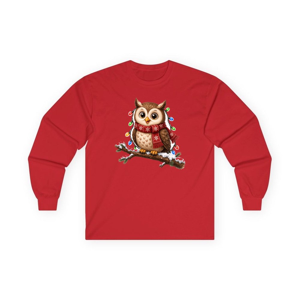Christmas Fairy Light Owl personalised long sleeve Christmas T-shirt in red