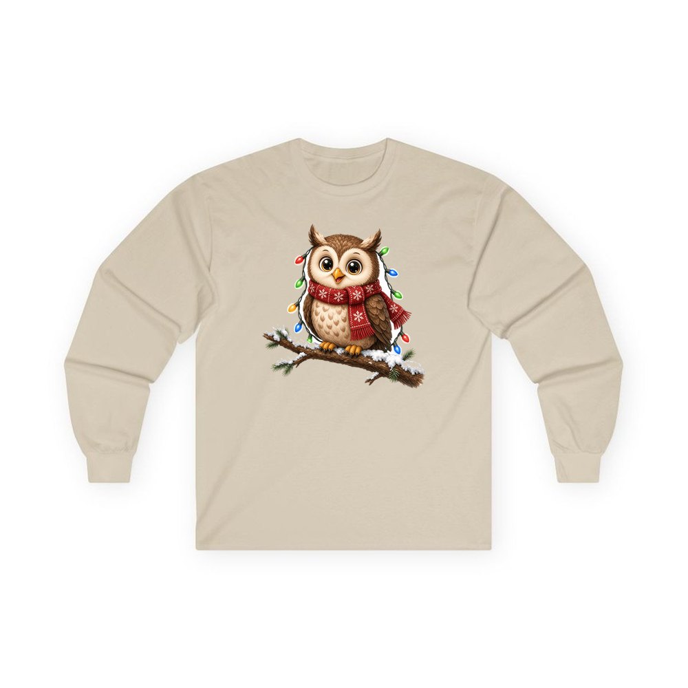 Christmas Fairy Light Owl personalised long sleeve Christmas T-shirt in sand
