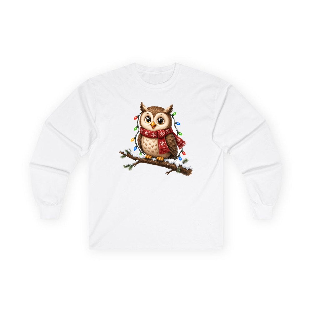 Christmas Fairy Light Owl personalised long sleeve Christmas T-shirt in white
