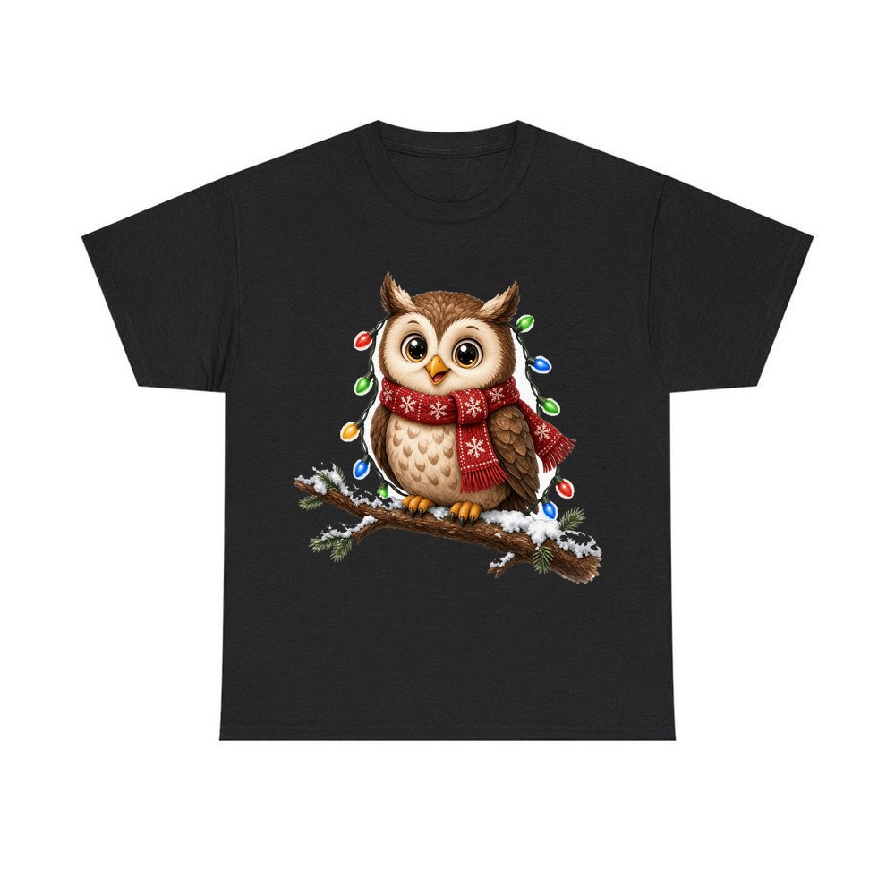 Christmas Fairy Light Owl personalised Christmas T-shirt in black