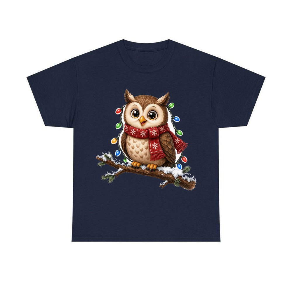 Christmas Fairy Light Owl personalised Christmas T-shirt in navy