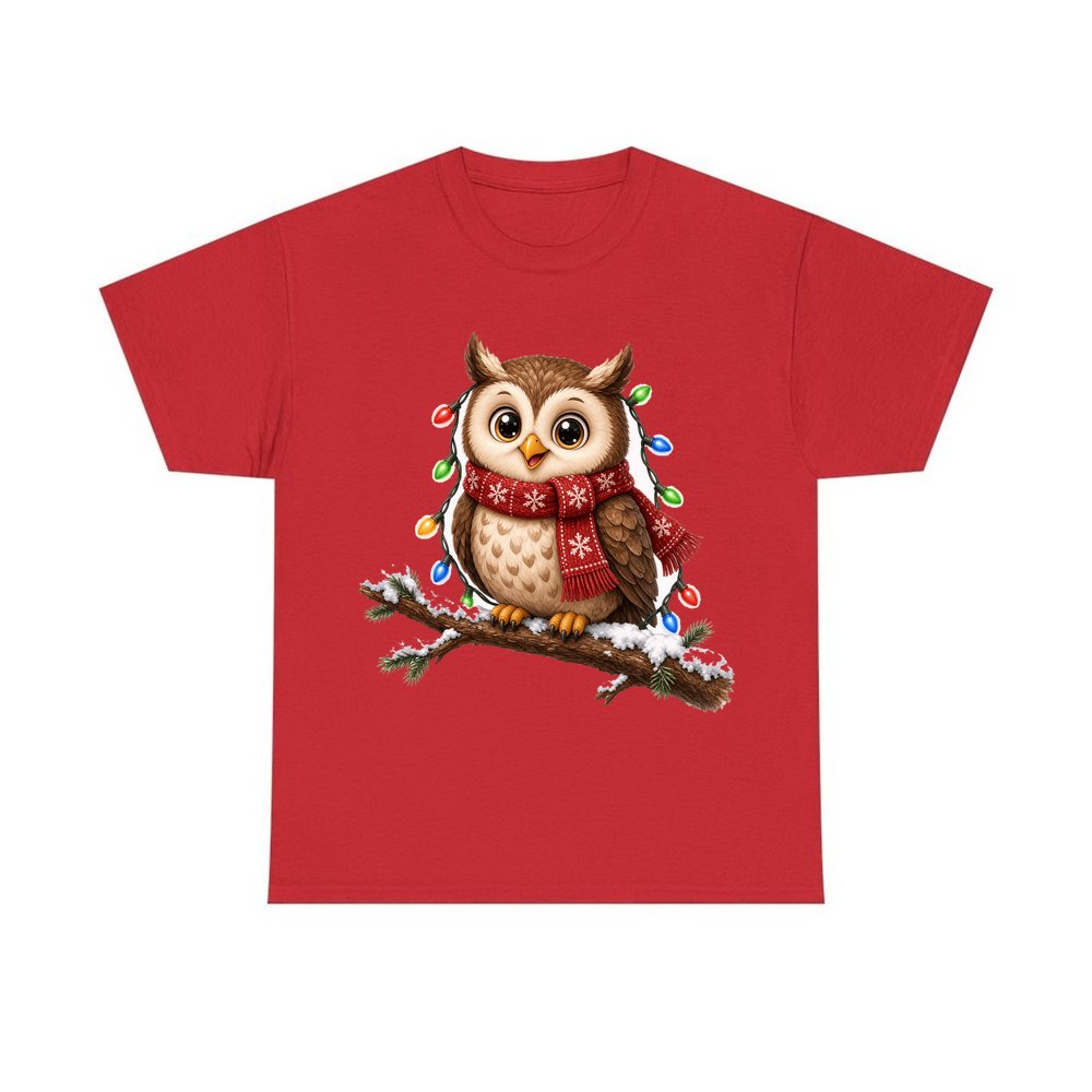 Christmas Fairy Light Owl personalised Christmas T-shirt in red