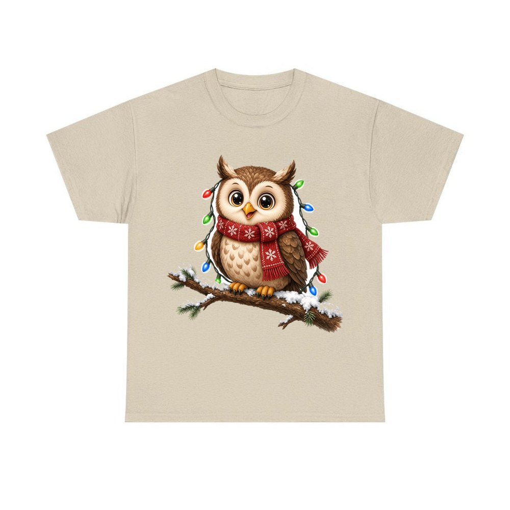 Christmas Fairy Light Owl personalised Christmas T-shirt in sand