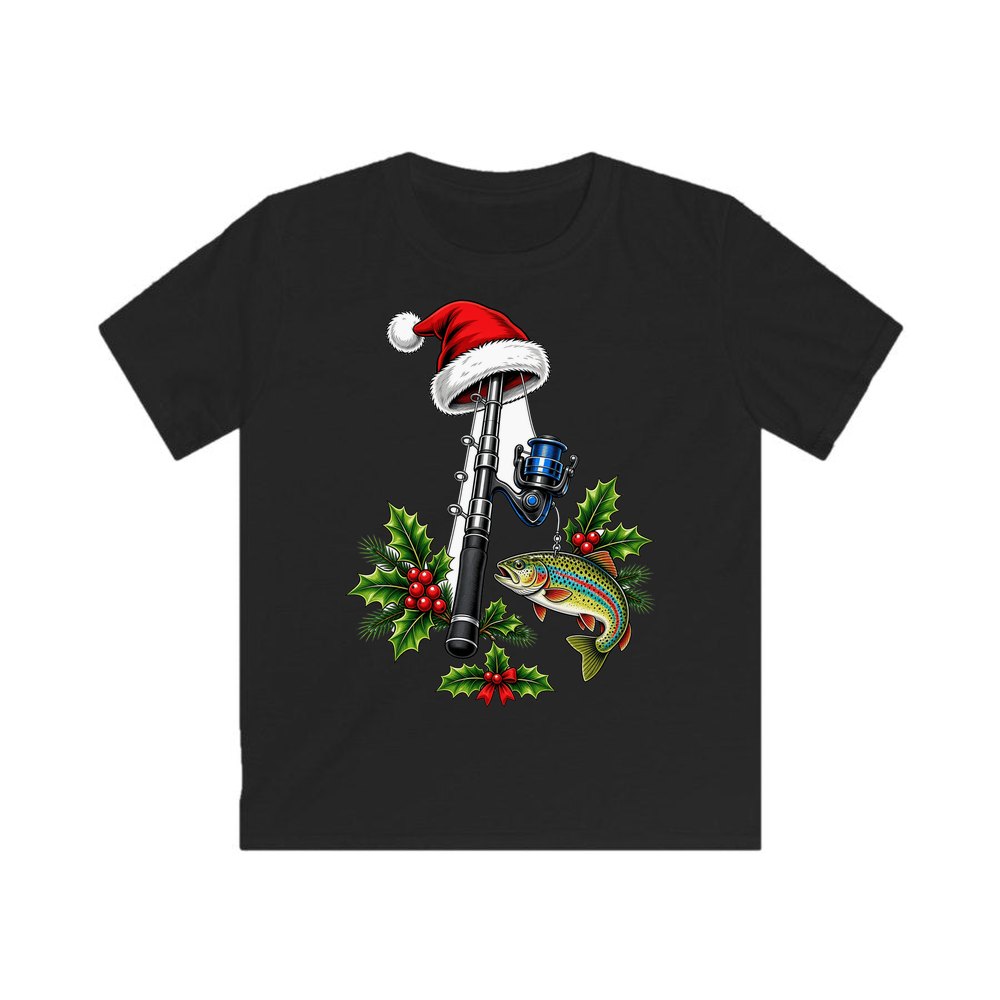 Christmas Fishing Rod And Trout personalised kids Christmas tee in black