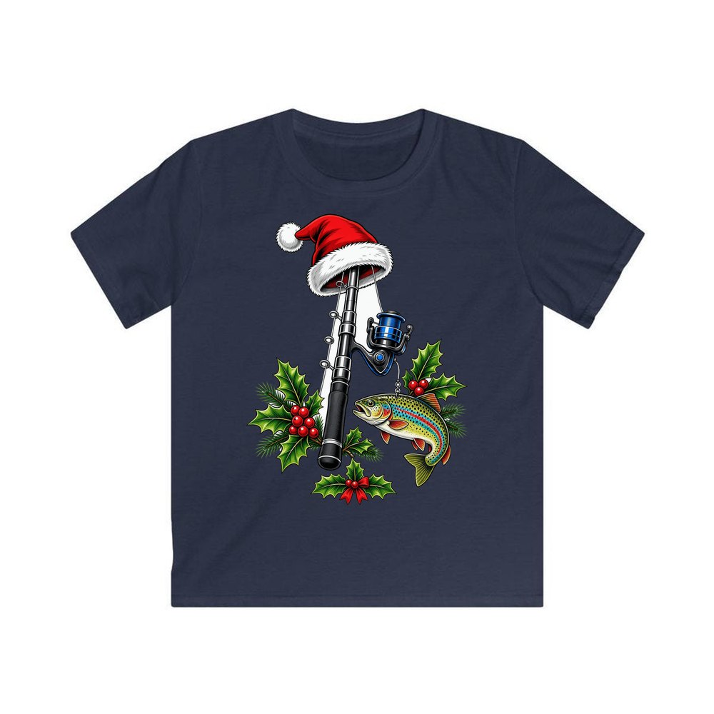 Christmas Fishing Rod And Trout personalised kids Christmas tee in navy