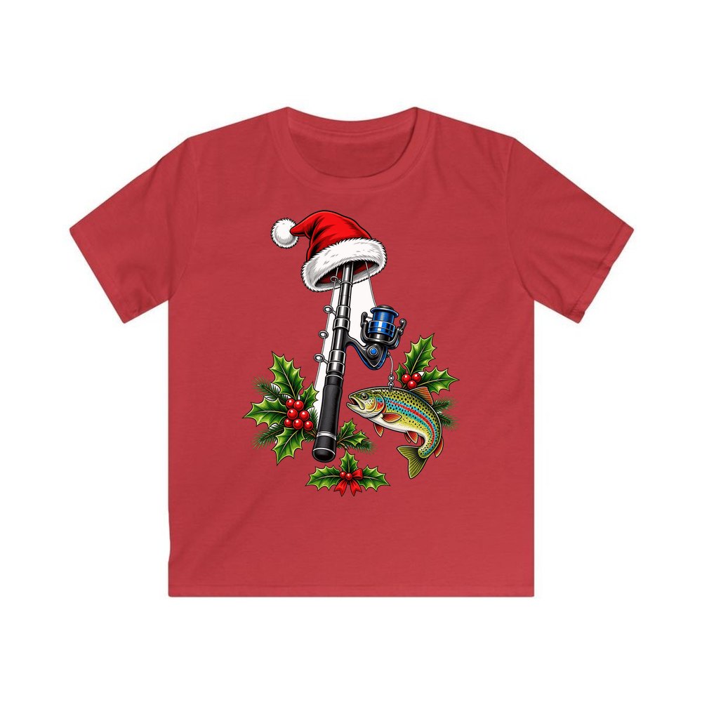 Christmas Fishing Rod And Trout personalised kids Christmas tee in red