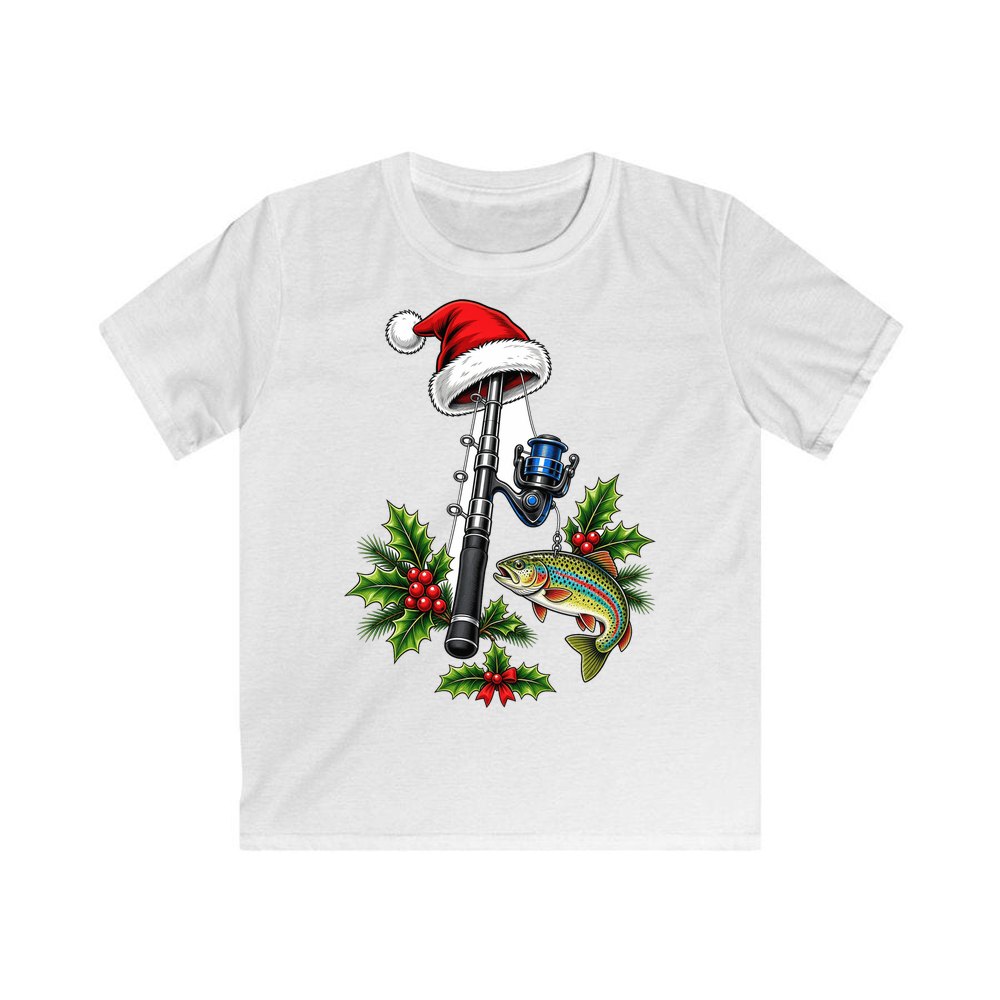 Christmas Fishing Rod And Trout personalised kids Christmas tee in white