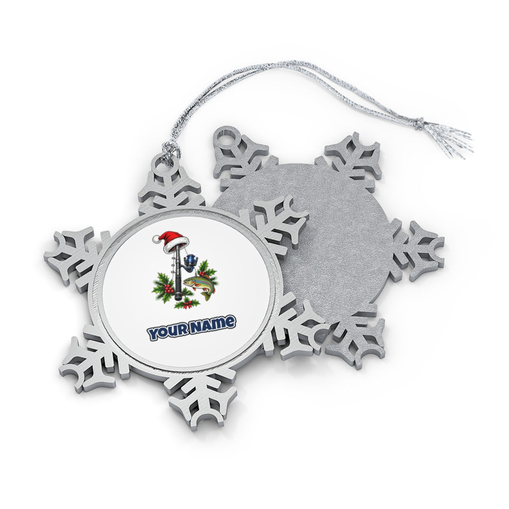 Christmas Fishing Rod And Trout Personalised Pewter Christmas Ornament