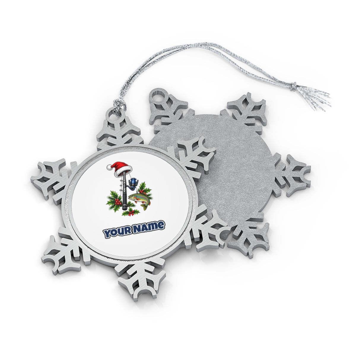 Christmas Fishing Rod And Trout Personalised Pewter Christmas Ornament