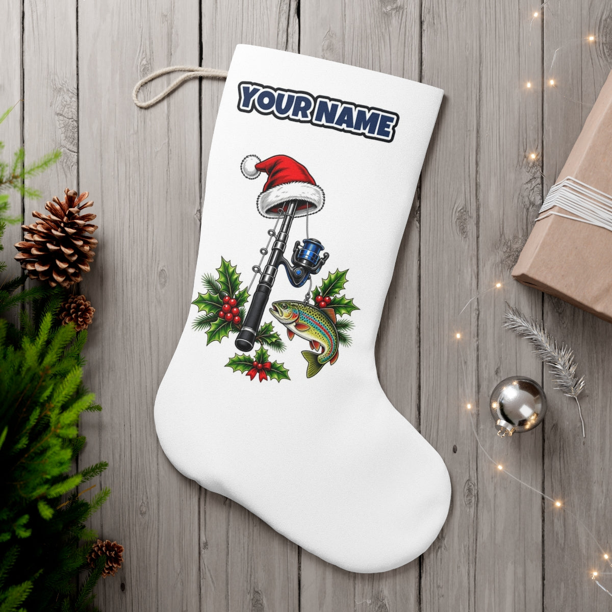 Christmas Fishing Rod And Trout personalised Christmas stocking, white, with the name across the top