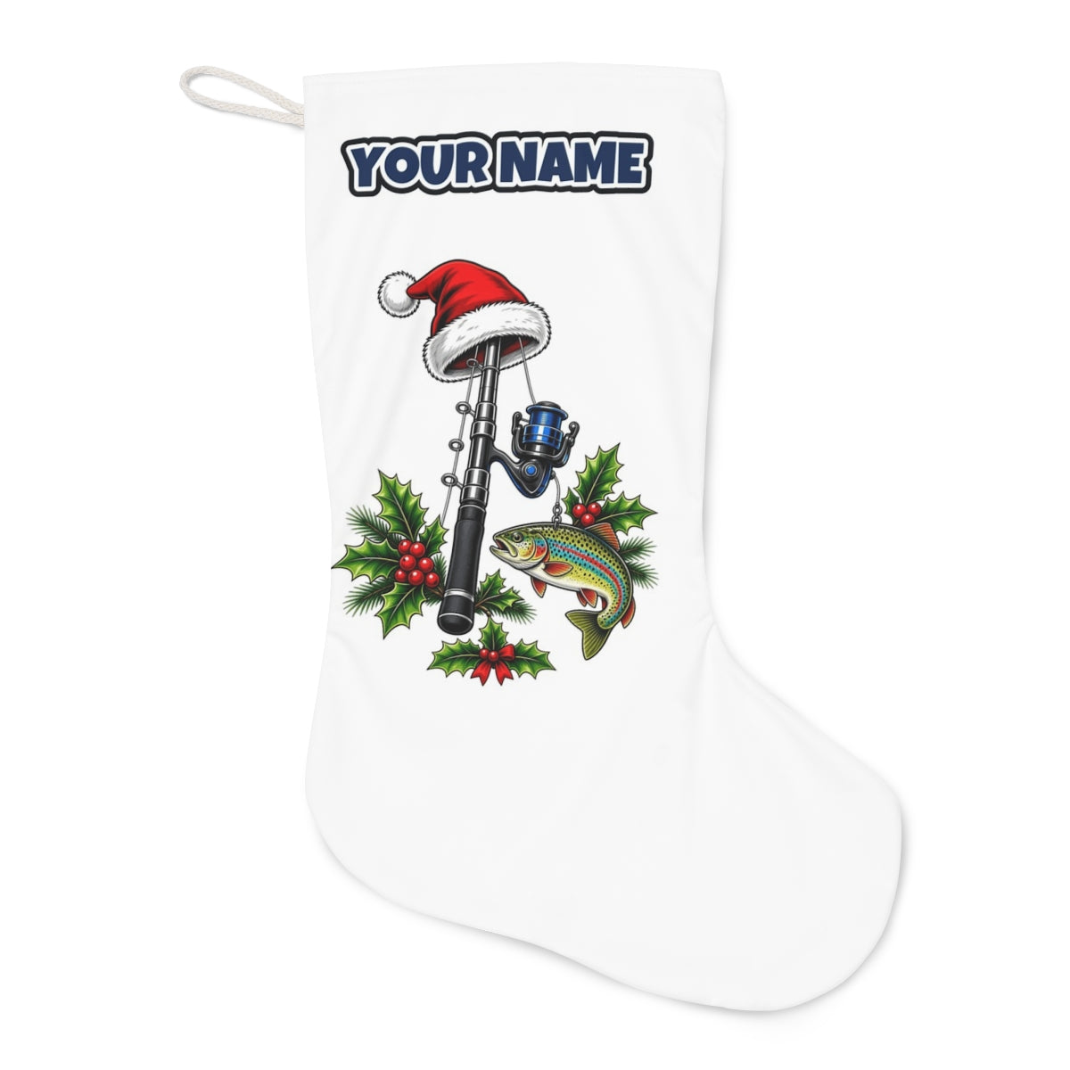 Christmas Fishing Rod And Trout Christmas stocking laid flat, showing the full print