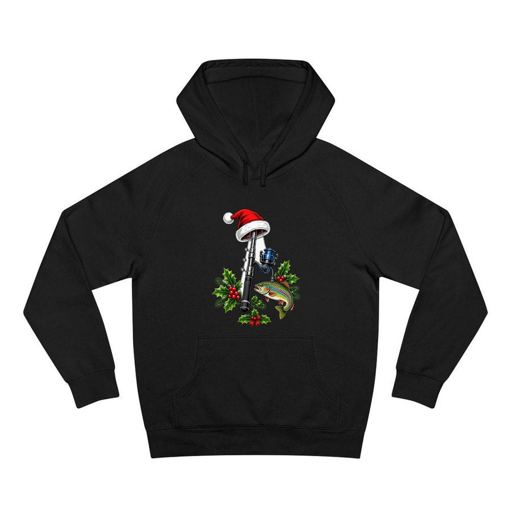Christmas Fishing Rod And Trout personalised Christmas hoodie in black