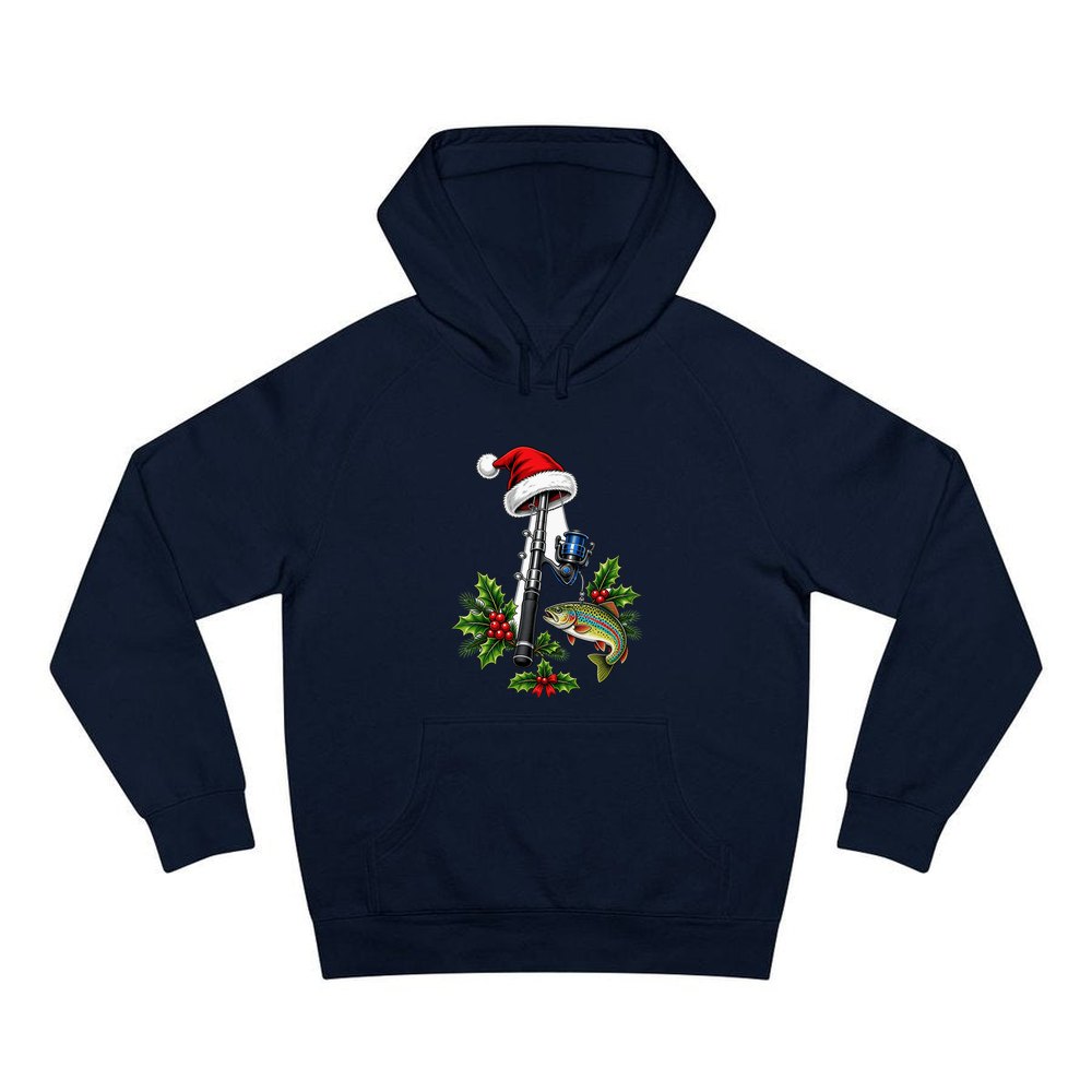 Christmas Fishing Rod And Trout personalised Christmas hoodie in navy