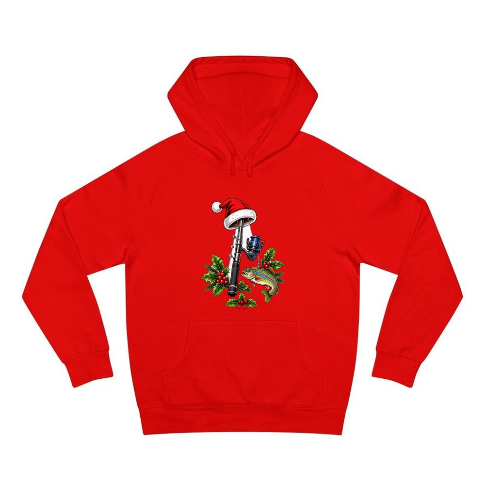 Christmas Fishing Rod And Trout personalised Christmas hoodie in red