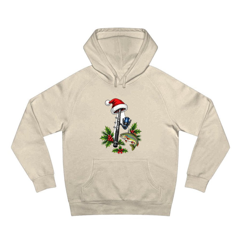 Christmas Fishing Rod And Trout personalised Christmas hoodie in sand