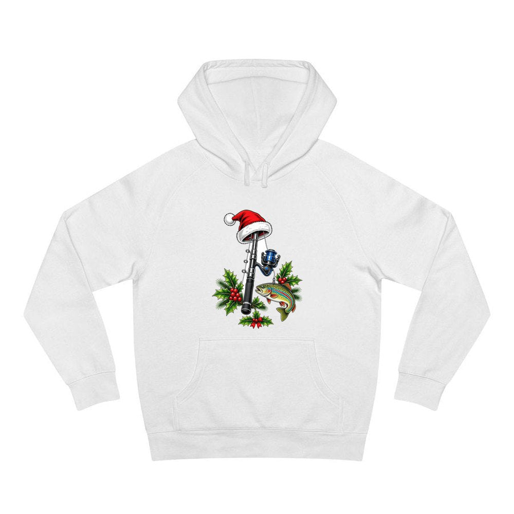 Christmas Fishing Rod And Trout personalised Christmas hoodie in white