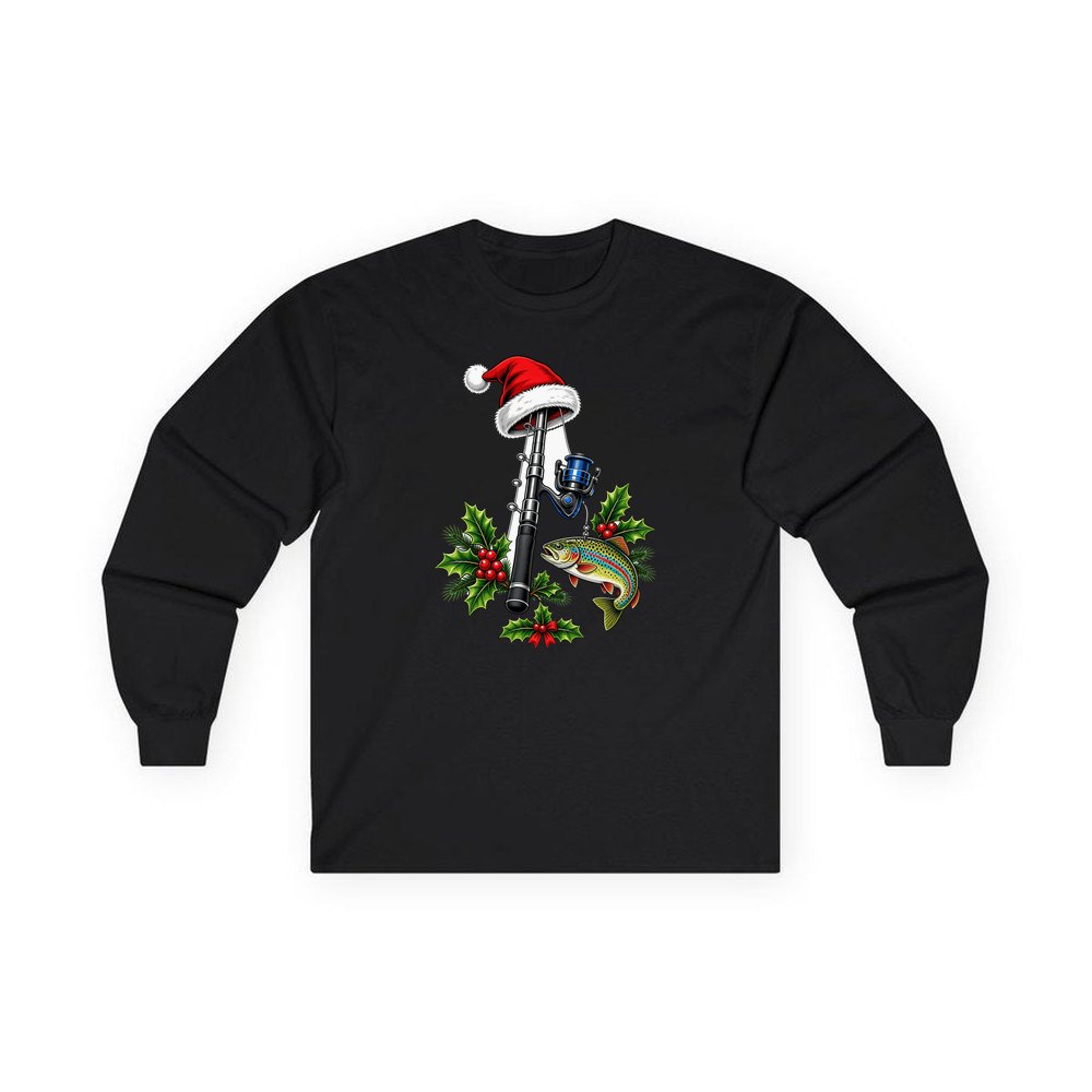 Christmas Fishing Rod And Trout personalised long sleeve Christmas T-shirt in black