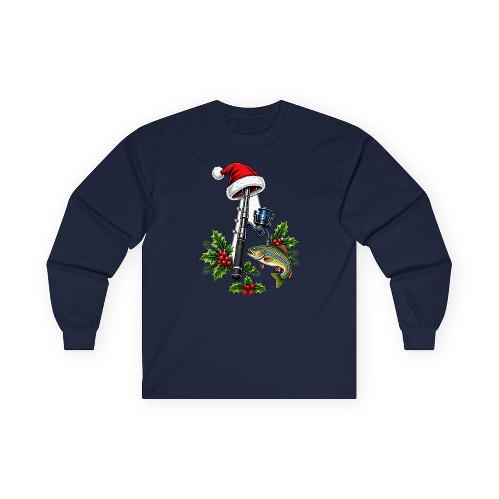 Christmas Fishing Rod And Trout personalised long sleeve Christmas T-shirt in navy