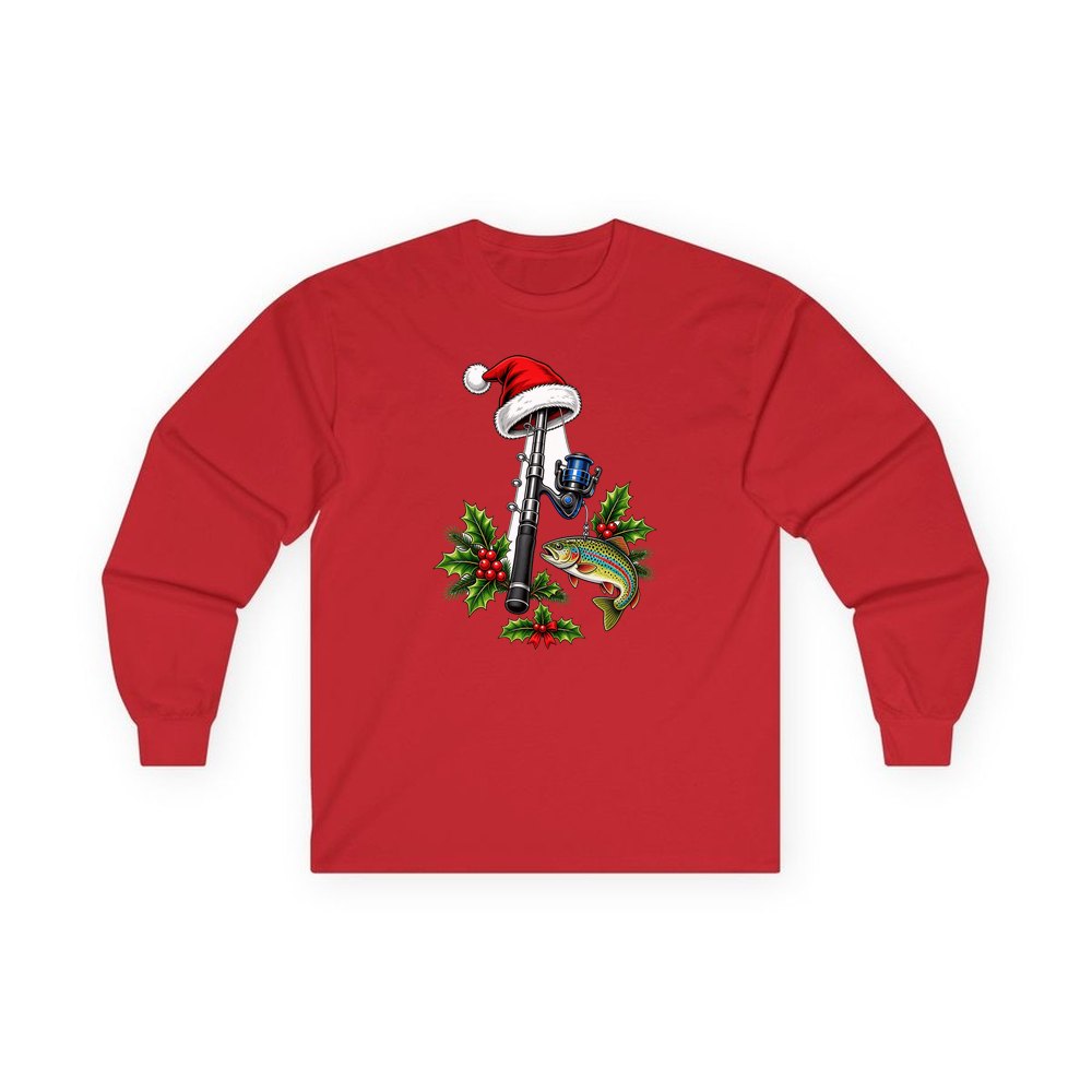 Christmas Fishing Rod And Trout personalised long sleeve Christmas T-shirt in red