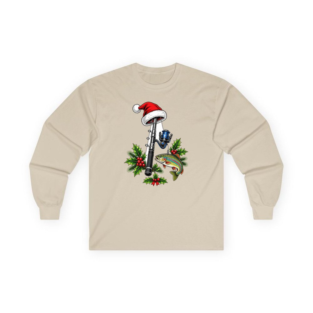 Christmas Fishing Rod And Trout personalised long sleeve Christmas T-shirt in sand