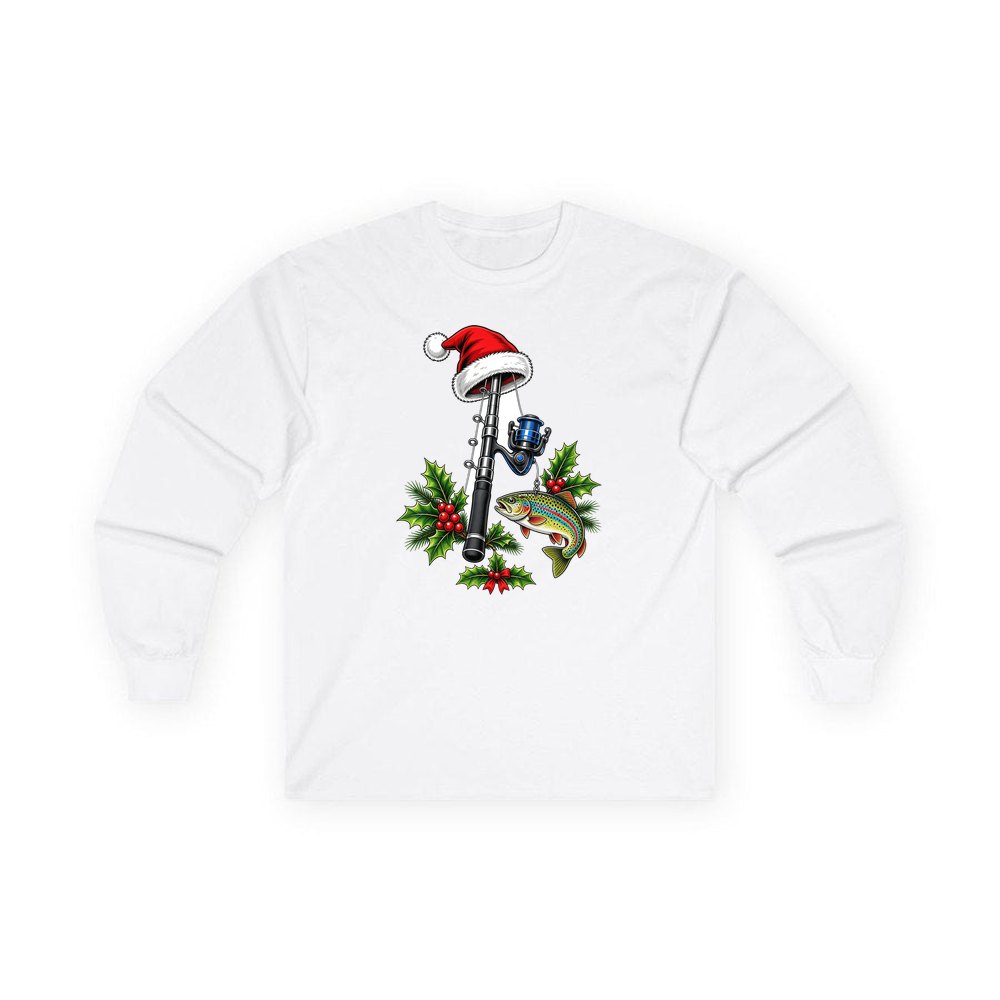 Christmas Fishing Rod And Trout personalised long sleeve Christmas T-shirt in white