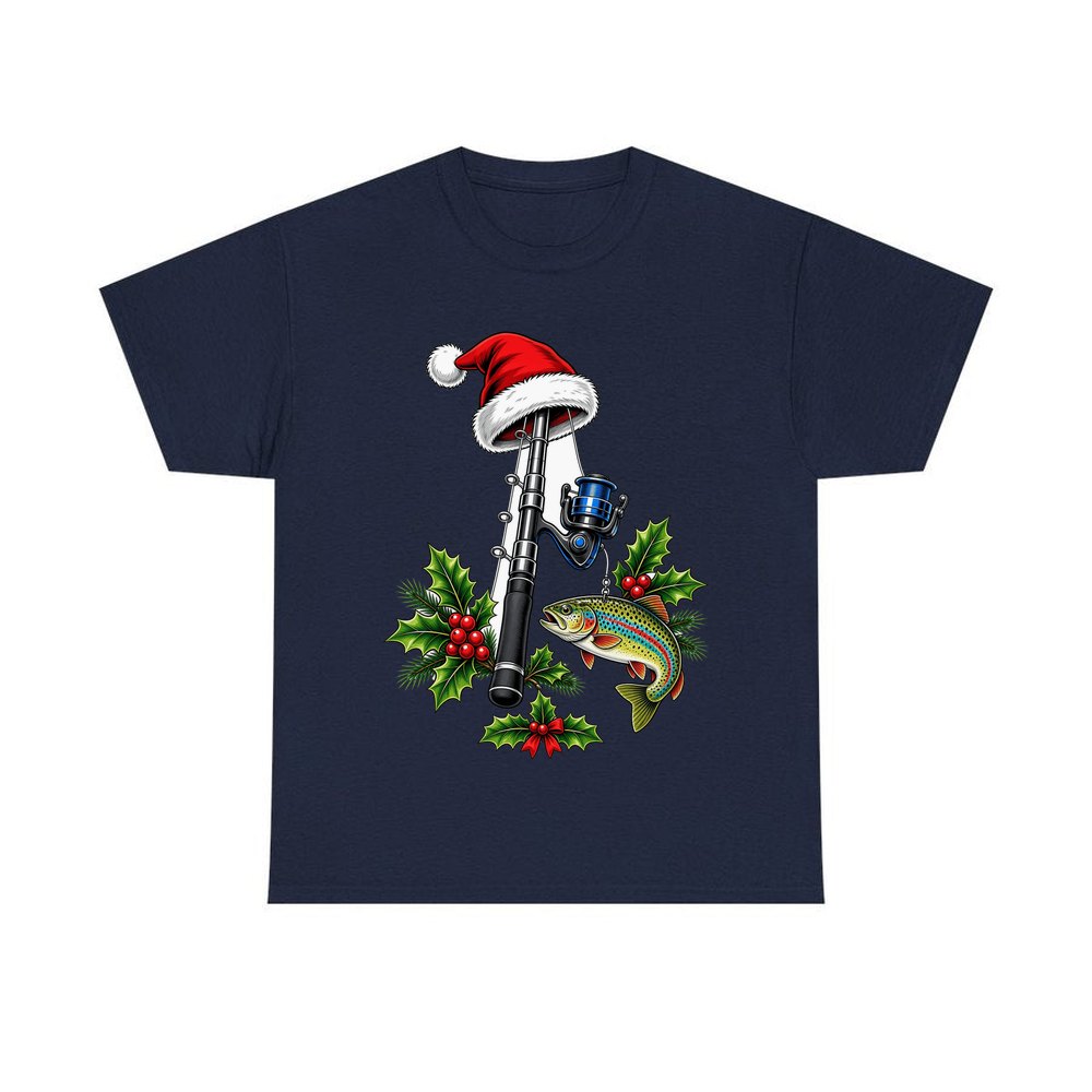 Christmas Fishing Rod And Trout personalised Christmas T-shirt in navy