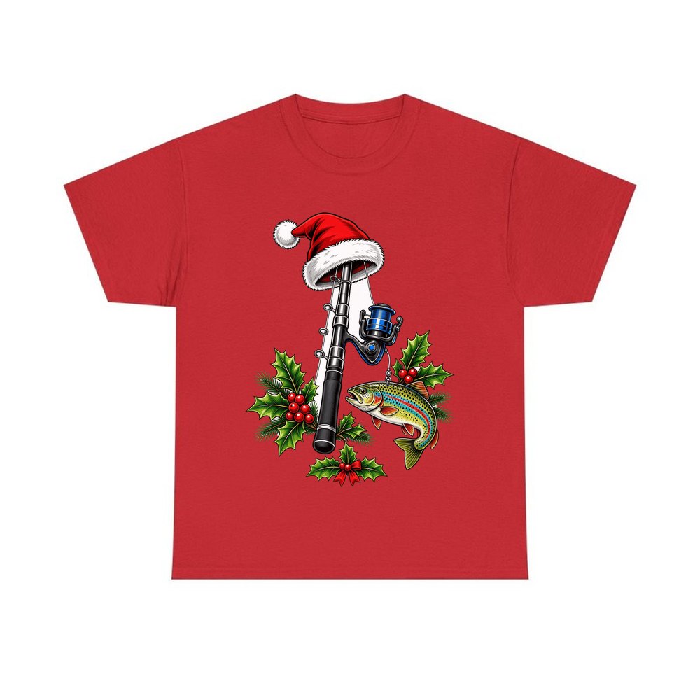 Christmas Fishing Rod And Trout personalised Christmas T-shirt in red