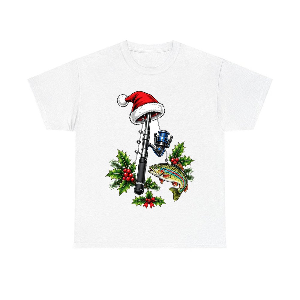 Christmas Fishing Rod And Trout personalised Christmas T-shirt in white