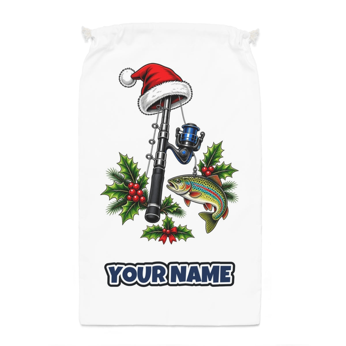 Christmas Fishing Rod And Trout Santa sack laid flat, showing the full print