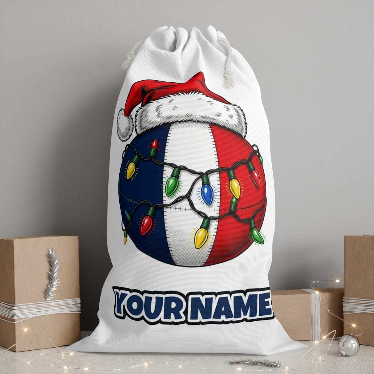 Christmas Footy Ball personalised Santa sack, white, with the name printed under the artwork