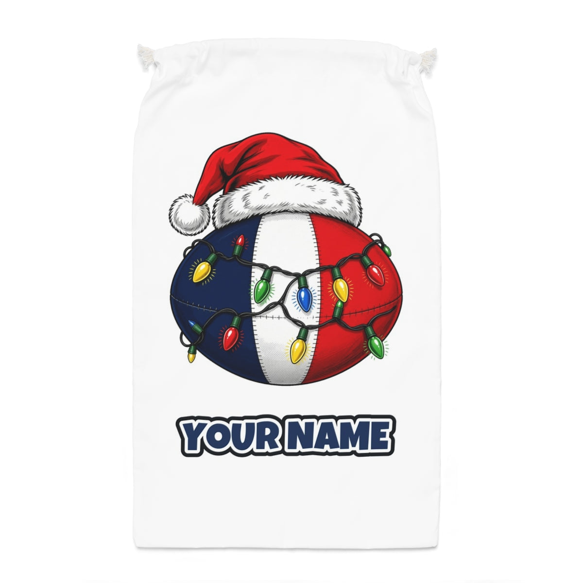 Christmas Footy Ball Santa sack laid flat, showing the full print
