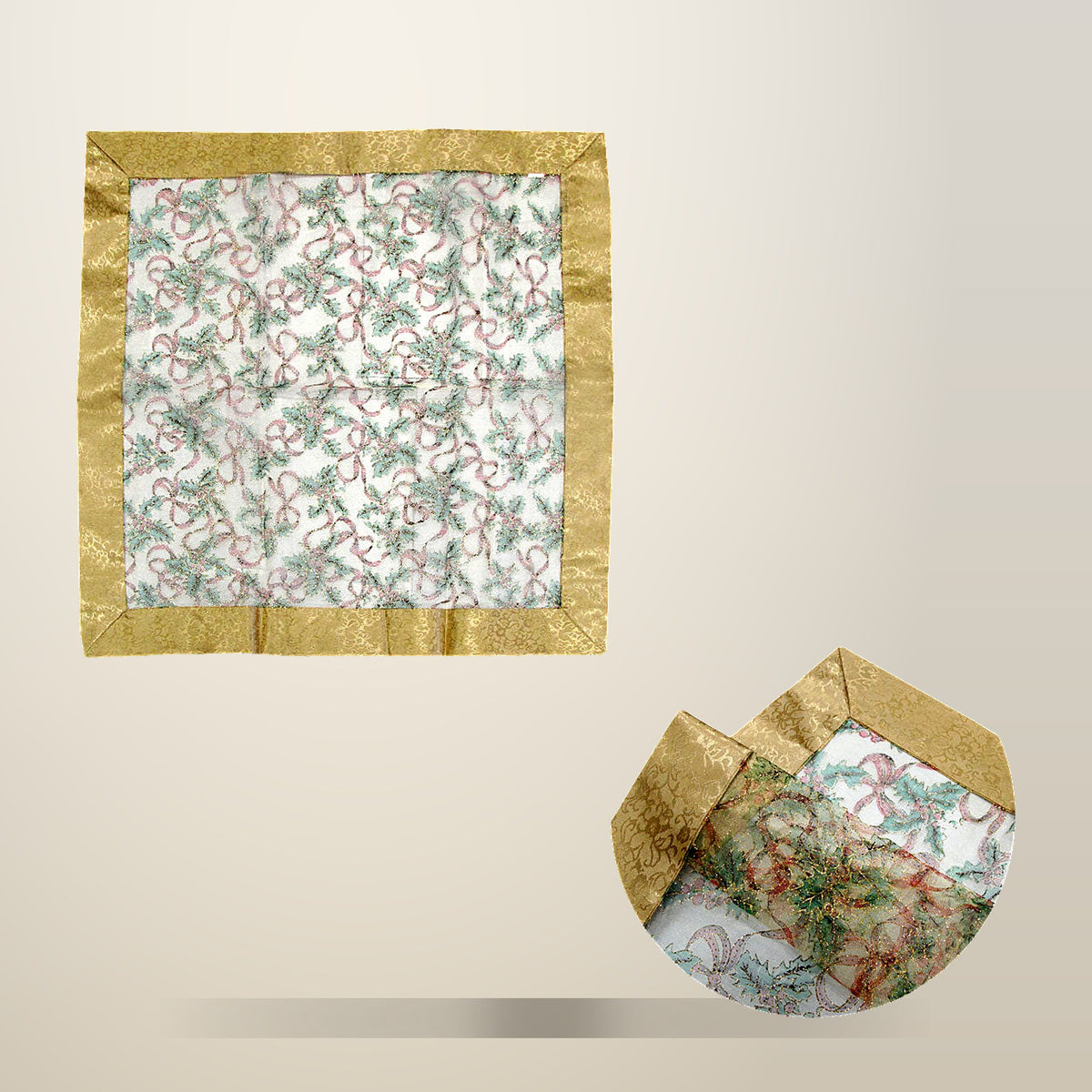 Gold Bows Sheer Organza Table Topper, 90 x 90 cm, on a plain cream background