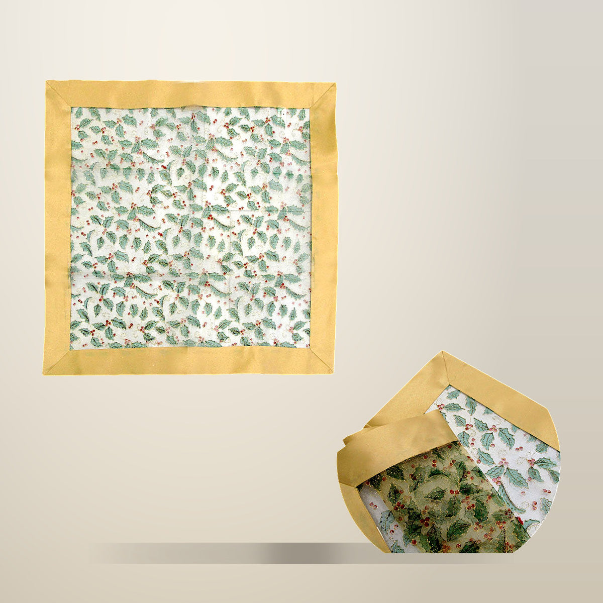 Gold Holly Sheer Organza Table Topper, 90 x 90 cm, on a plain cream background