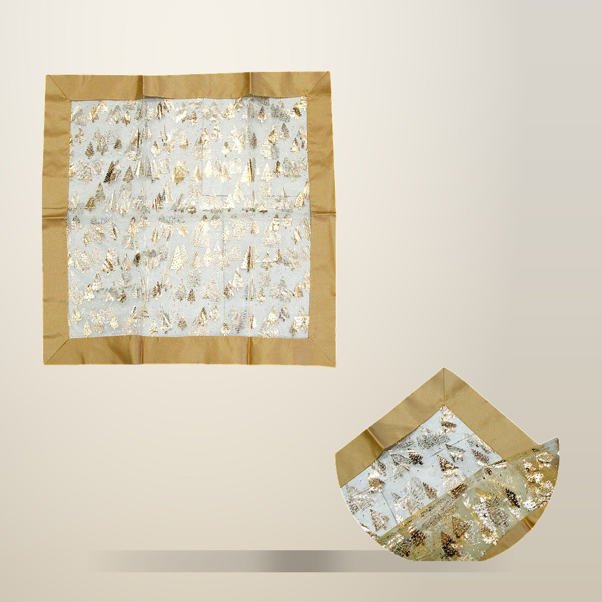 Gold Trees Sheer Organza Table Topper, 90 x 90 cm, on a plain cream background