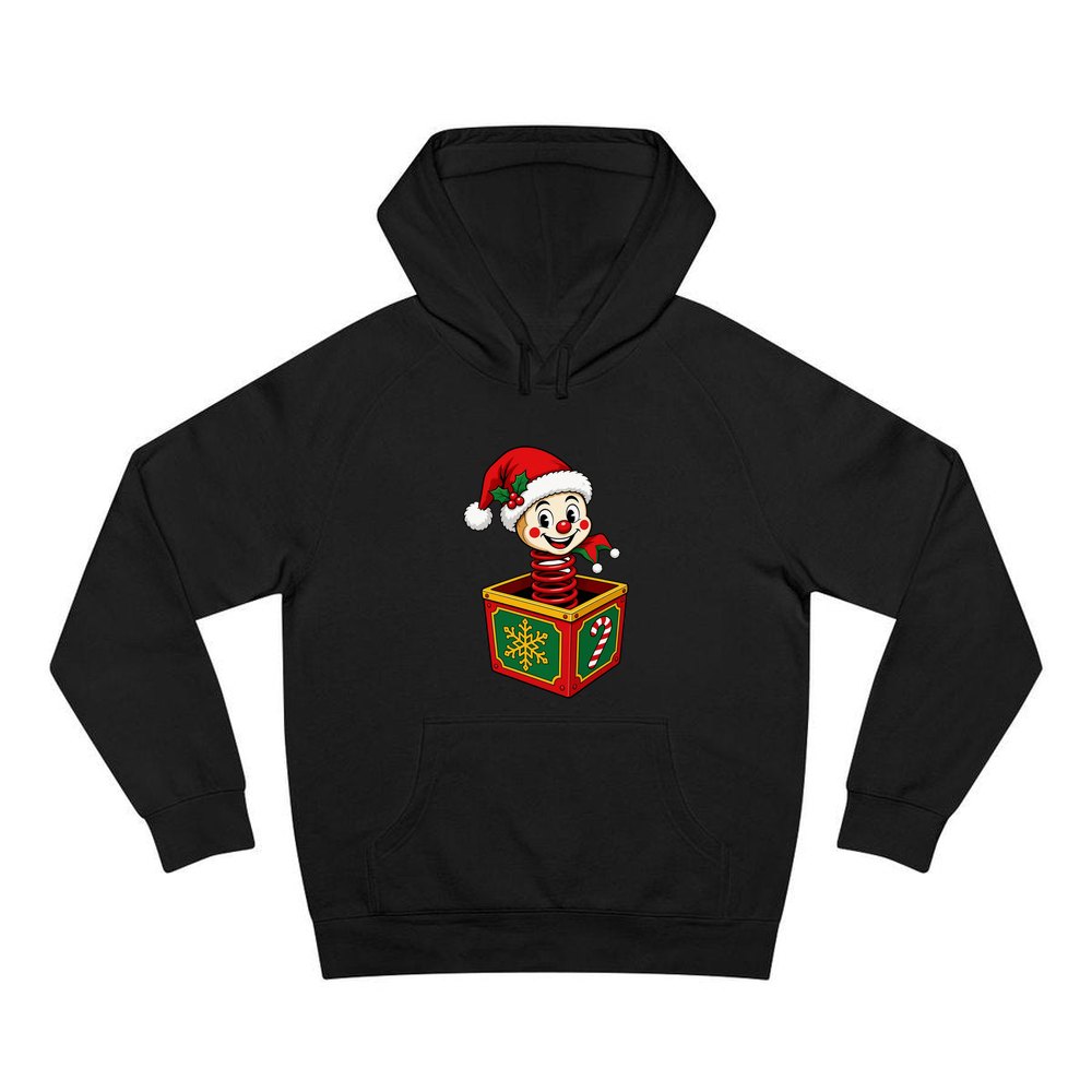 Christmas Jack In The Box personalised Christmas hoodie in black