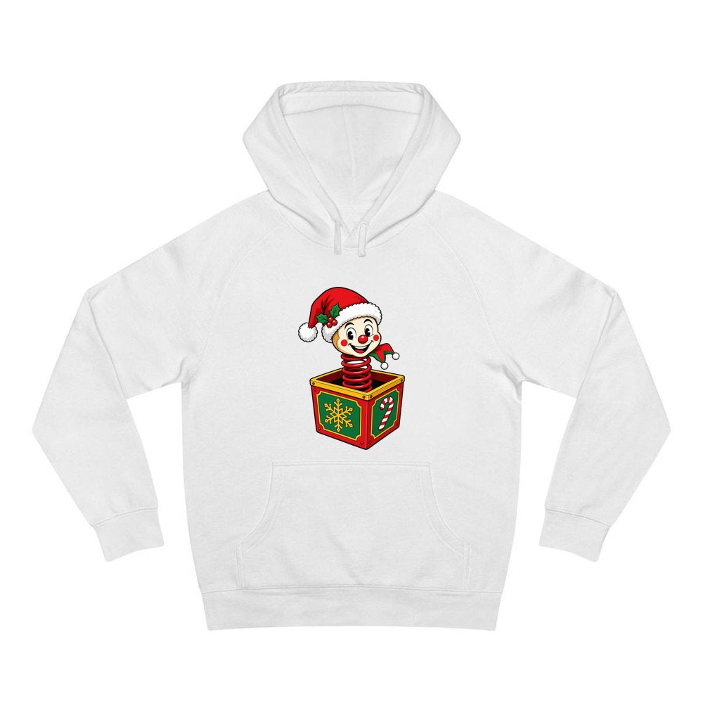 Christmas Jack In The Box personalised Christmas hoodie in white