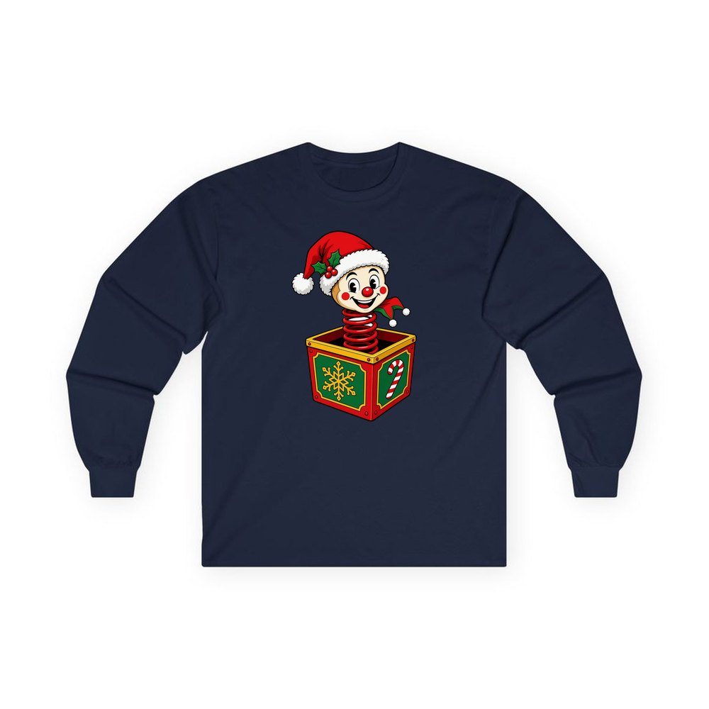 Christmas Jack In The Box personalised long sleeve Christmas T-shirt in navy
