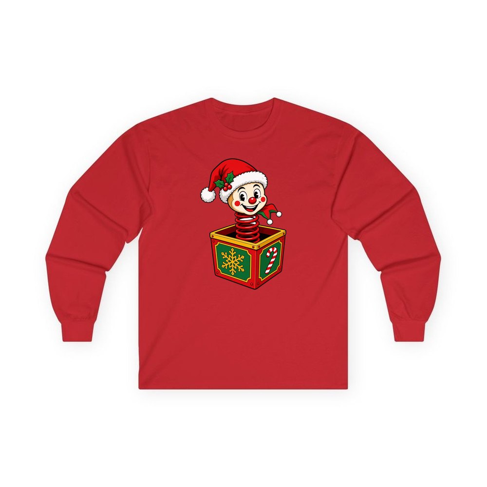 Christmas Jack In The Box personalised long sleeve Christmas T-shirt in red