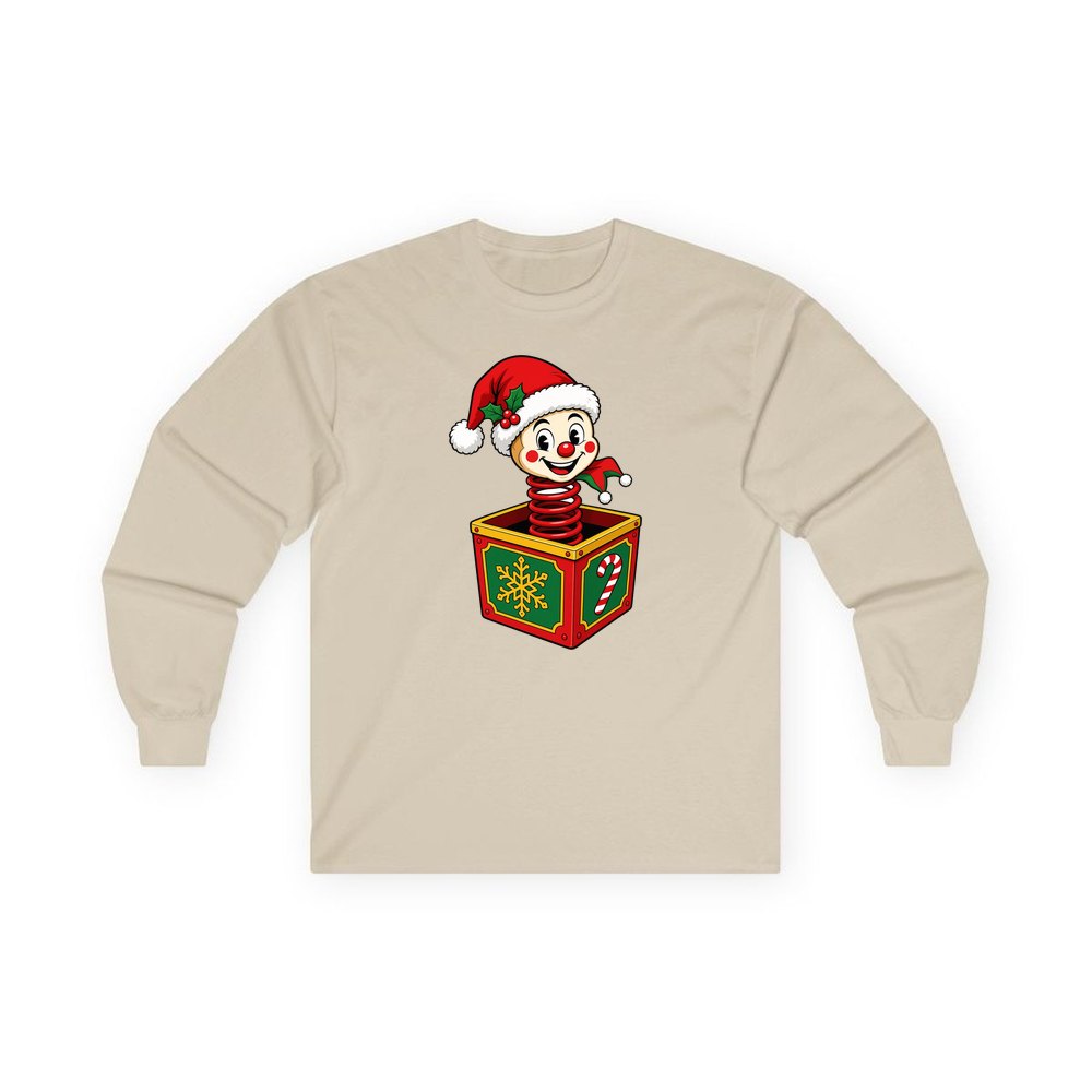 Christmas Jack In The Box personalised long sleeve Christmas T-shirt in sand