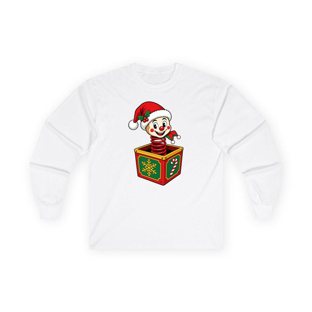 Christmas Jack In The Box personalised long sleeve Christmas T-shirt in white