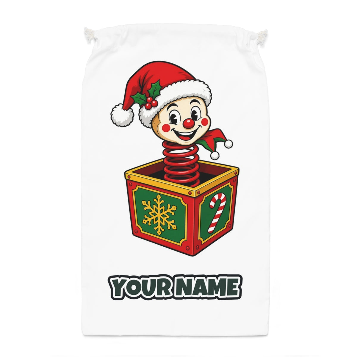 Christmas Jack In The Box Santa sack laid flat, showing the full print