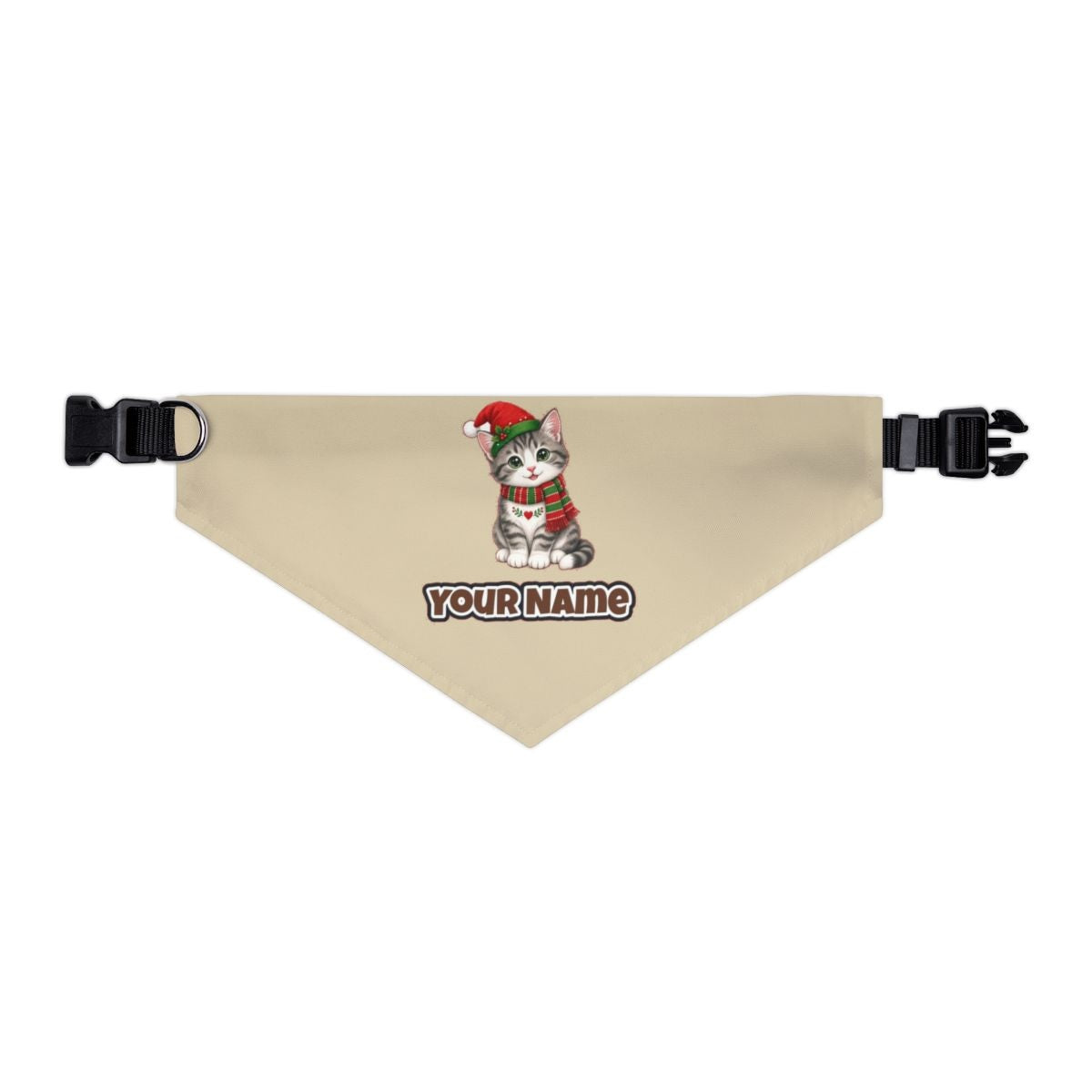 Christmas Kitten In Scarf personalised Christmas pet bandana in beige, collar with buckle