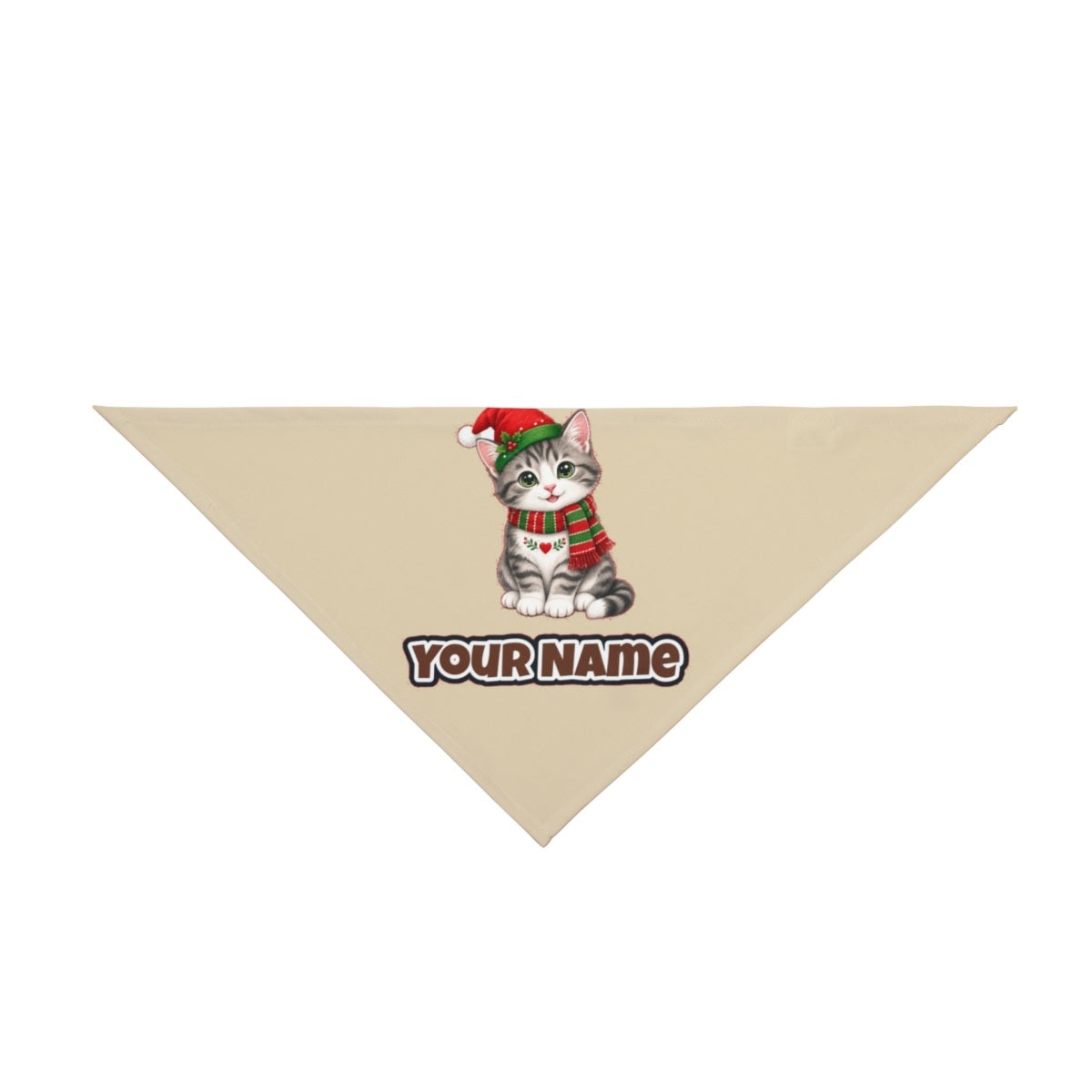 Christmas Kitten In Scarf personalised Christmas pet bandana in beige, tie-on style