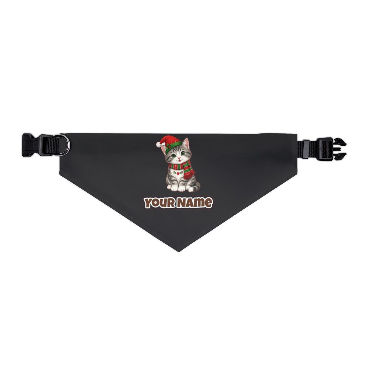 Christmas Kitten In Scarf personalised Christmas pet bandana in black, collar with buckle