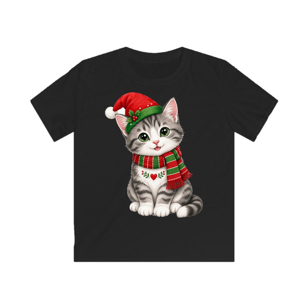 Christmas Kitten In Scarf personalised kids Christmas tee in black