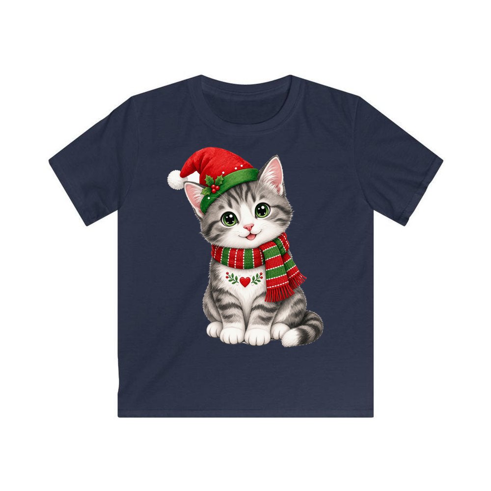Christmas Kitten In Scarf personalised kids Christmas tee in navy