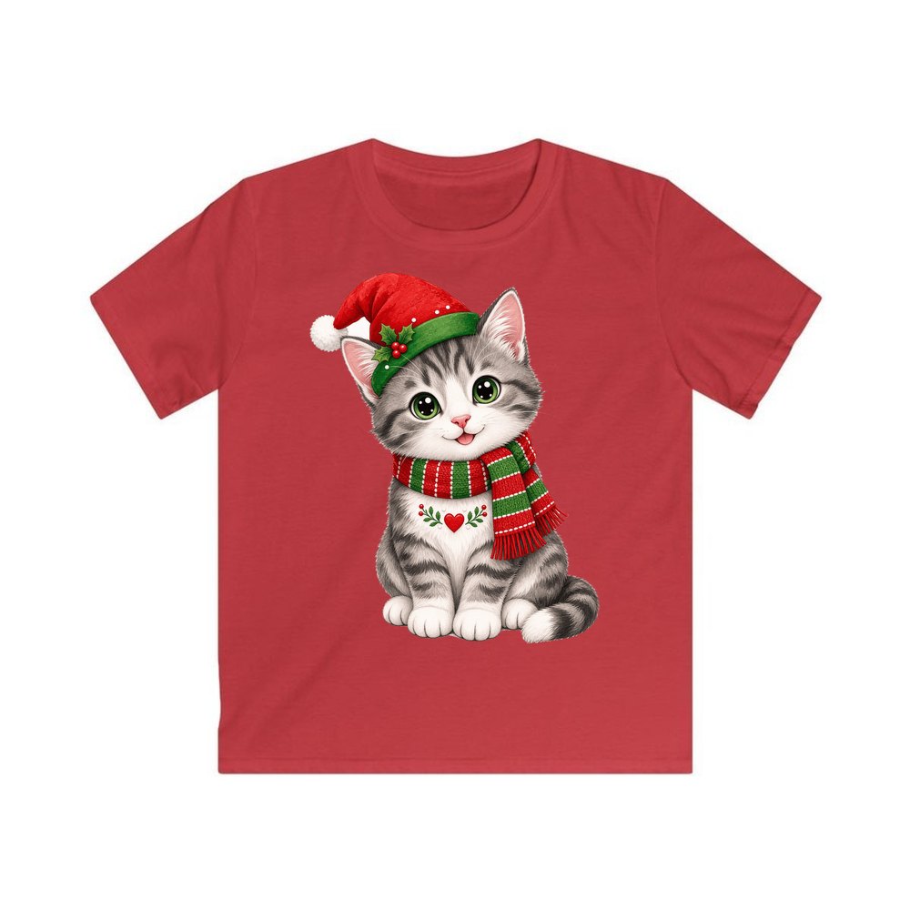 Christmas Kitten In Scarf personalised kids Christmas tee in red